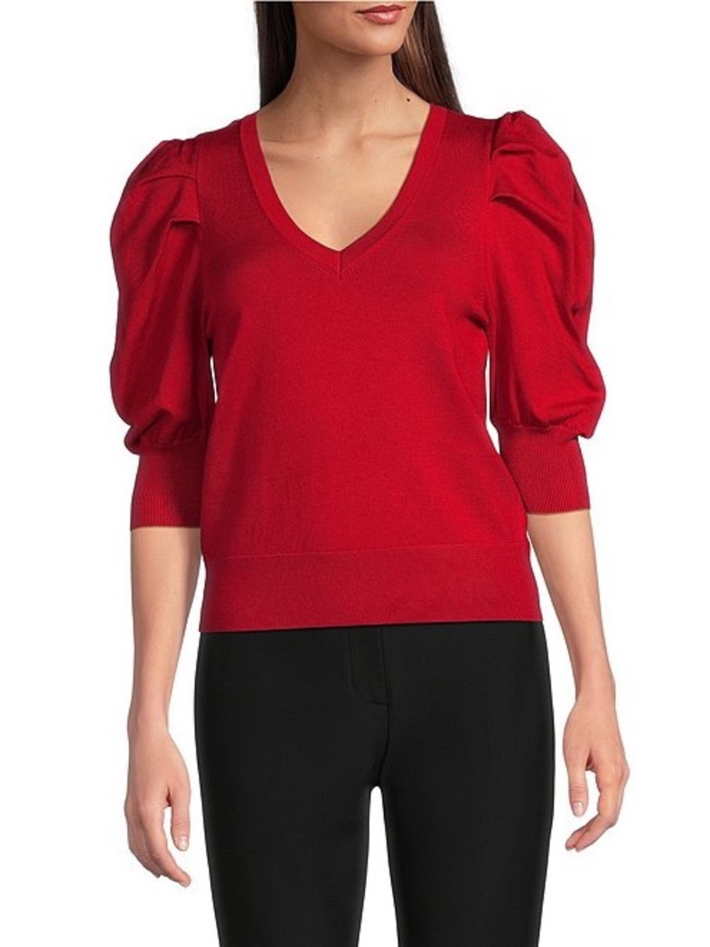 NWT DKNY Red Karan Pleated Puffed Elbow Length Sleeve V-Neck Knit Sweater Medium